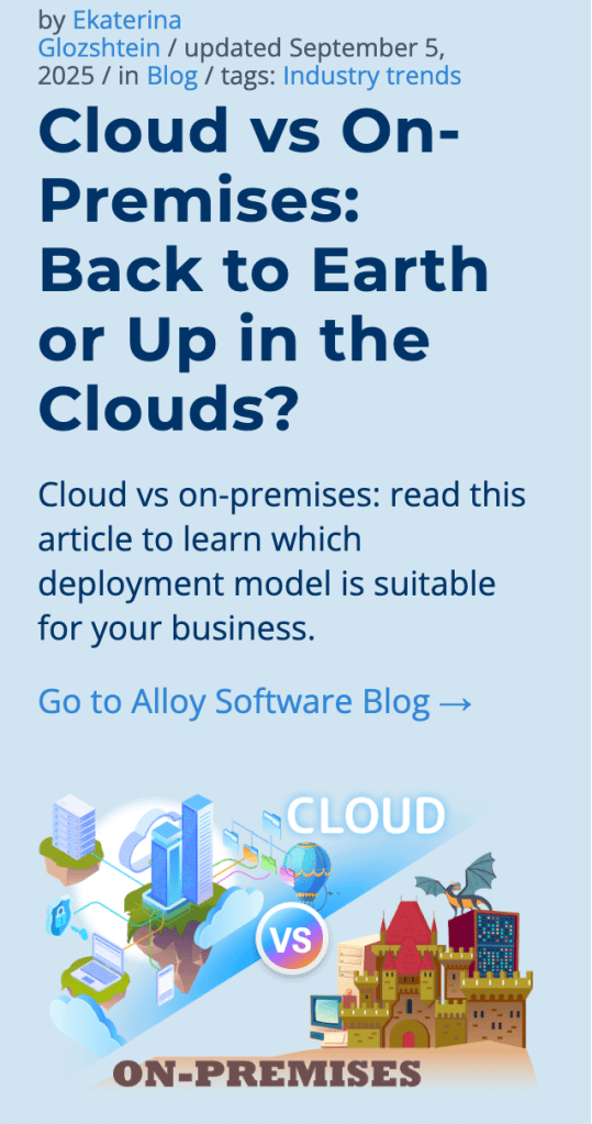 A screenshot of an article on the topic "Cloud vs on-premises" written by Ekaterina Glozshtein.