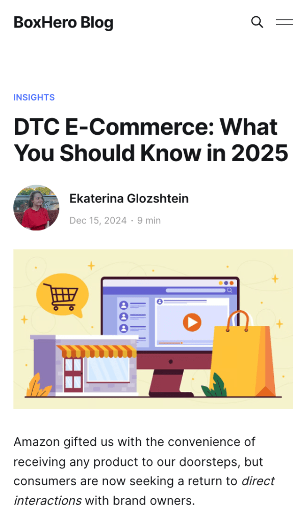 A screenshot of Ekaterina Glozshtein's article on DTC e-commerce.